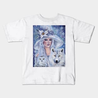 White witch with wolf and owl art by Renee Lavoie Kids T-Shirt